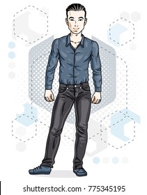 Happy brunet young adult man standing. Vector character wearing casual clothes like jeans and cotton shirt.