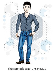 Happy brunet young adult man standing. Vector character wearing casual clothes like jeans and cotton shirt.