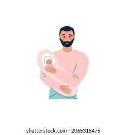 happy brunette bearded man holding a newborn baby in his arms. Isolated image for fathers day cards design, males parenting forums. Vector illustration, flat