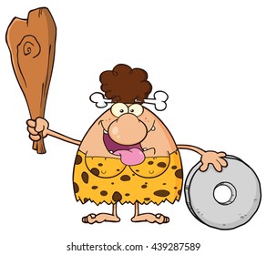 Happy Brunette Cave Woman Cartoon Mascot Character Holding A Club And Showing Wheel. Vector Illustration Isolated On White Background