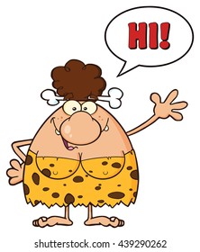 Happy Brunette Cave Woman Cartoon Mascot Character Waving And Saying Hi. Vector Illustration Isolated On White Background