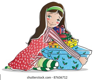 Happy brunette girl with christmas gifts