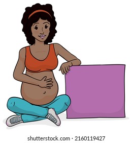 Happy brunette pregnant mom, touching her belly after the prenatal exercises, next to a pink box with empty space. Design in cartoon style over white background.
