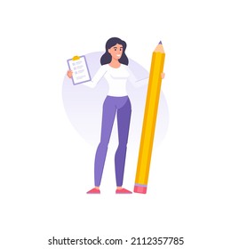 Happy brunette successful woman holding clipboard to do list with completed tasks checkmark and pencil vector flat illustration. Smiling female exam, reminder control, checking, deadline memo message