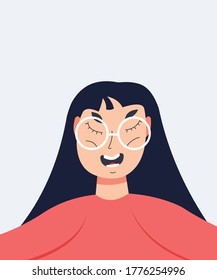 Happy brunette woman portrait at the hairdresser. Laughing. Avatar. Vector Flat Illustration.
