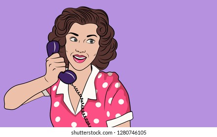 Happy brunette woman with retro telephone. 
Advertising poster of gossip girl.
Vector illustration in pop art style