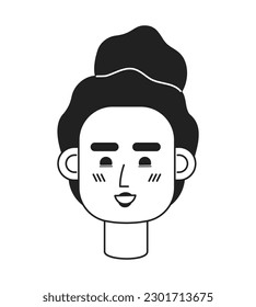 Happy brunette young adult woman monochrome flat linear character head. Cheerful curly hair girl. Editable outline hand drawn human face icon. 2D cartoon spot vector avatar illustration for animation