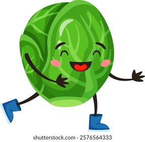 Happy brussels sprout character joyfully walking and laughing while wearing cute blue boots, spreading positivity and good vibes with its cheerful and playful demeanor