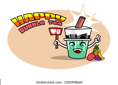 Happy Bubble or Pearl tea with fruits as strawberry, pineapple, grape and banana. Drawing vector illustration available edit by layers. Good for mascot advertisement commercial business.