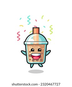 happy bubble tea mascot jumping for congratulation with colour confetti , cute style design for t shirt, sticker, logo element