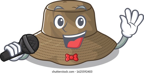 Happy bucket hat singing on a microphone