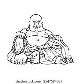 Glücklicher Buddha mit großem Bauch, Buda Sketch Cartoon Illustration Vector.