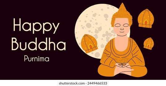 Happy Buddha Purnima banner.  Vesak Day. Celebration in May. Vector illustration. 
Buddha sits in lotus position and meditates