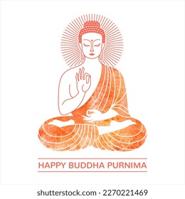 Happy Buddha Purnima, Birthday greeting card, poster. Simple line art. Sitting figure orange watercolor vector illustration. Hand in Vitarka Mudra gesture. Indian, esoteric watercolour illustration. 