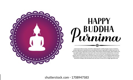 Happy Buddha Purnima calligraphy hand lettering and silhouette of Buddha. Buddhist holiday Vesak typography poster.  Vector template for greeting card, banner, flyer, sticker.