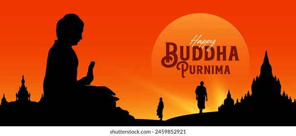 Happy Buddha Purnima Kalligrafie, Schrift mit Buddha meditierende Silhouetten-Vektorillustration für Social Media Banner Design