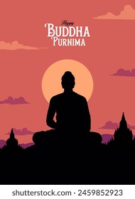 Happy Buddha Purnima Kalligrafie, Schrift mit Buddha meditierende Silhouetten-Vektorillustration für Social Media Banner Design