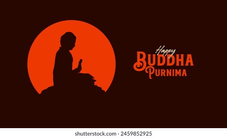 Happy Buddha Purnima Kalligrafie, Schrift mit Buddha meditierende Silhouetten-Vektorillustration für Social Media Banner Design