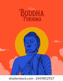 Happy Buddha Purnima caligrafía, Letras con Buda meditando Ilustración vectorial de silueta para el diseño de Anuncios de redes sociales