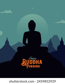 Happy Buddha Purnima Kalligrafie, Schrift mit Buddha meditierende Silhouetten-Vektorillustration für Social Media Banner Design