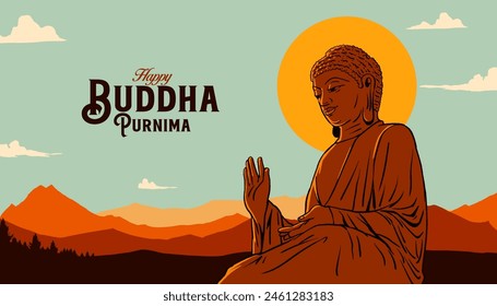 Happy Buddha Purnima calligraphy, Lettering with Buddha meditating vector illustration for social media banner design