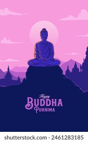 Happy Buddha Purnima calligraphy, Lettering with Buddha meditating vector illustration for social media banner design