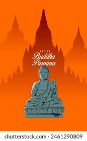 Happy Buddha Purnima Kalligrafie, Schrift mit Buddha meditierende Vektorillustration für Social Media Banner Design