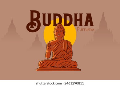 Feliz Buda Purnima caligrafía, Letras con Buda meditando Ilustración vectorial para el diseño de Anuncios de medios sociales