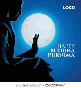 Happy Buddha Purnima kreatives Konzept, Illustration eines Buddha sitzt auf einem Felsen in Meditation, Buddhismus, Buddha Jayanti Social Media Post, Grußkarte Design Vorlage
