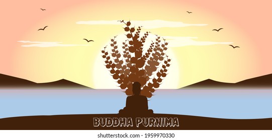 Happy Buddha Purnima, Gautam Buddha meditating, vector illustration.