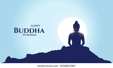 Happy buddha purnima greeting background for devotion. Lord buddha on mountain beside moon. Vector EPS.