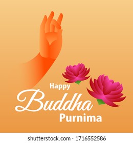 Happy Buddha Purnima greeting with typography. Peaceful illustration with lotus flower. Beautiful festive design for website and social media post.