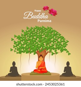 Feliz saludo Buda Purnima con tipografía. Ilustración pacífica con flor de loto. Hermoso diseño festivo para el Sitio web y publicación en redes sociales.