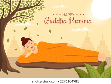 Happy Buddha Purnima Illustration with Vesak Day or Indian Festival to Spiritual in Flat Cartoon Hand Drawn for Web Banner or Landing Page Templates