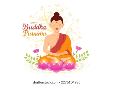 Happy Buddha Purnima Illustration with Vesak Day or Indian Festival to Spiritual in Flat Cartoon Hand Drawn for Web Banner or Landing Page Templates