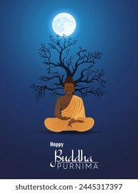 Buda feliz Purnima Señor Buda en meditación bajo el árbol Bodhi en el afiche del Vector de la noche de luna llena