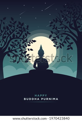 Happy Buddha Purnima Minimal Poster Vesak Lord Buddha in Meditation at Beautiful Moon Light Coming from Back- Vector Stockfoto © 