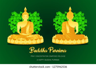 happy buddha purnima monk phra buddha front - back view pray concentration composed release pho leaf religion culture faith vector illustration eps10