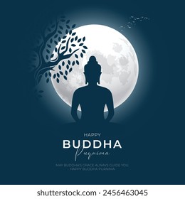 Feliz Buda purnima Post y Diseño de Tarjeta de Felicitación. Buda minimalista y moderno purnima y Anuncio Vesak con Buda y Ilustración vectorial de texto.