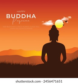 Feliz Buda purnima Post y Diseño de Tarjeta de Felicitación. Buda minimalista y moderno purnima y Anuncio Vesak con Buda y Ilustración vectorial de texto.