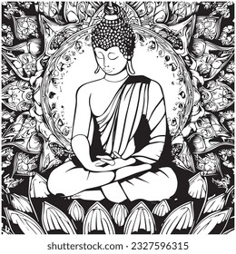 Fröhlicher Buddha Purnima. Buddha religiöse Mandala. Mandala Design mit Buddha Figur. Vektorgrafik