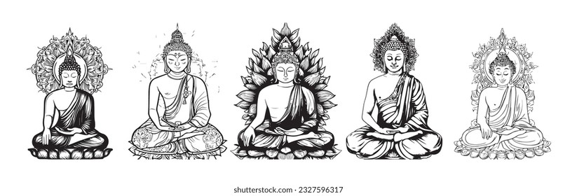 Fröhlicher Buddha Purnima. Buddha religiöse Mandala. Mandala Design mit Buddha Figur. Vektorgrafik