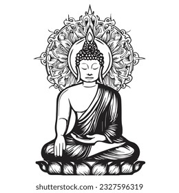 Fröhlicher Buddha Purnima. Buddha religiöse Mandala. Mandala Design mit Buddha Figur. Vektorgrafik