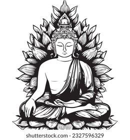 Fröhlicher Buddha Purnima. Buddha religiöse Mandala. Mandala Design mit Buddha Figur. Vektorgrafik