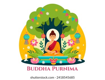 Happy Buddha Purnima Vector Illustration of Vesak Day or Indian Festival to Spiritual with in a Deep Meditation in Flat Cartoon Background