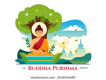 Happy Buddha Purnima Vektor Illustration Vesak Day oder indisches Festival to Spiritual mit in einer tiefen Meditation auf flattem Cartoon Hintergrund