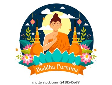 Happy Buddha Purnima Vector Illustration of Vesak Day or Indian Festival to Spiritual with in a Deep Meditation in Flat Cartoon Background