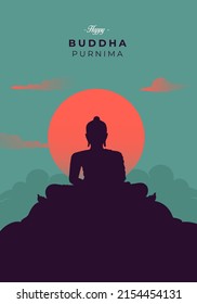 Happy Buddha Purnima, Vesak Day wishes greetings with a buddha vector silhouette. Can be used for posters, banners, greetings, and print design. 
