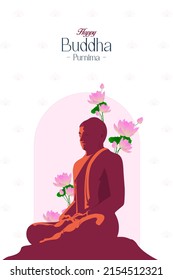 Happy Buddha Purnima, Vesak Day wishes greetings with a buddha and lotus vector illustration. Can be used for posters, banners, greetings, and print design.