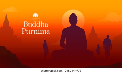 Happy Buddha Purnima, Happy Vesak Day,  wishes greetings with a buddha minimal vector illustration. Can be used for posters, banners, greetings, and print design